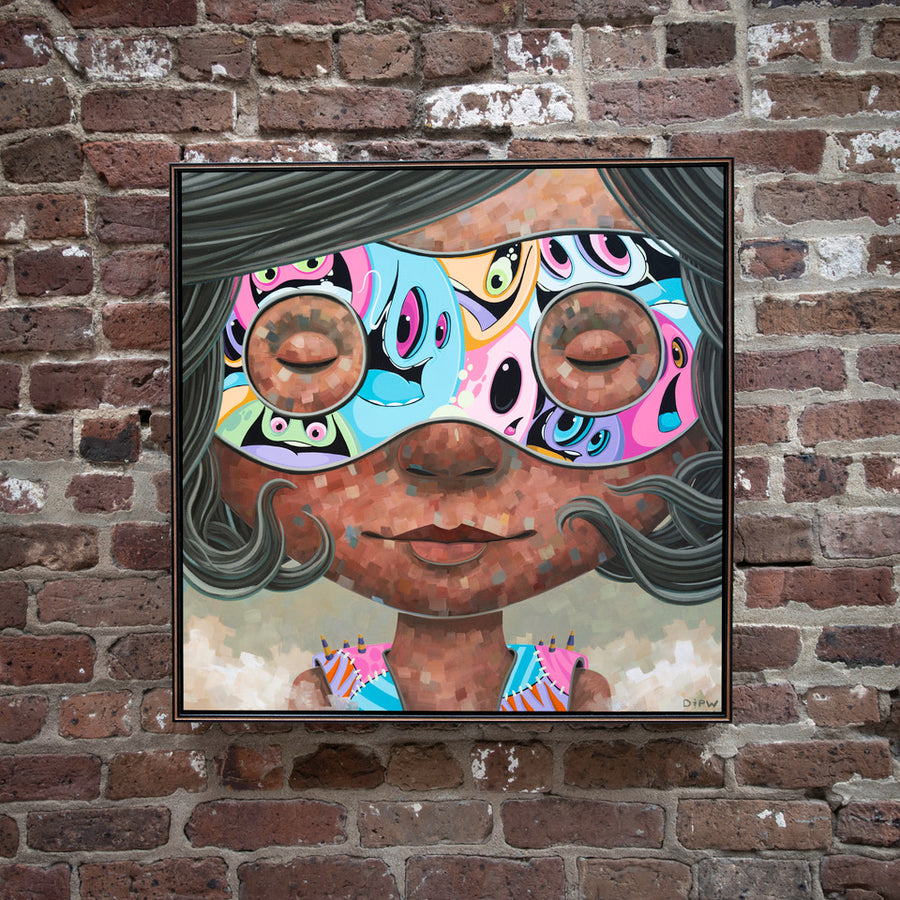 Dreaming in the Patchwork by Nathan Durfee and Patch Whiskey, collage portrait painting, framed on wall