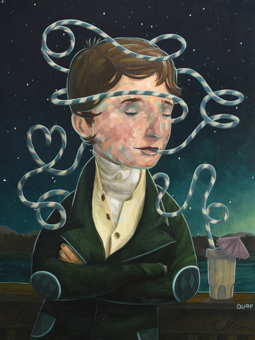A Life of Libation by Nathan Durfee, painting with man drinking cocktail through a straw