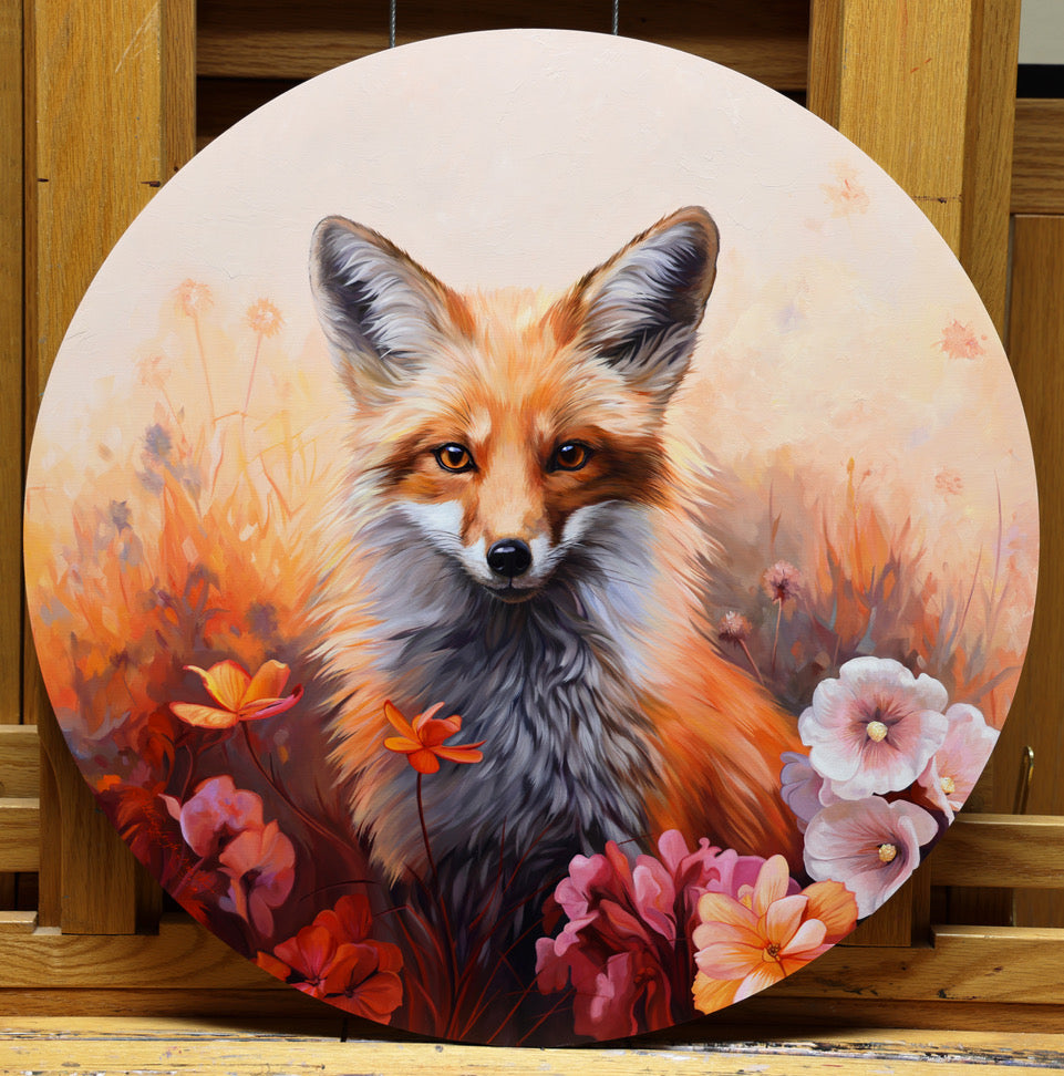 Autumn Fox and Hollyhocks