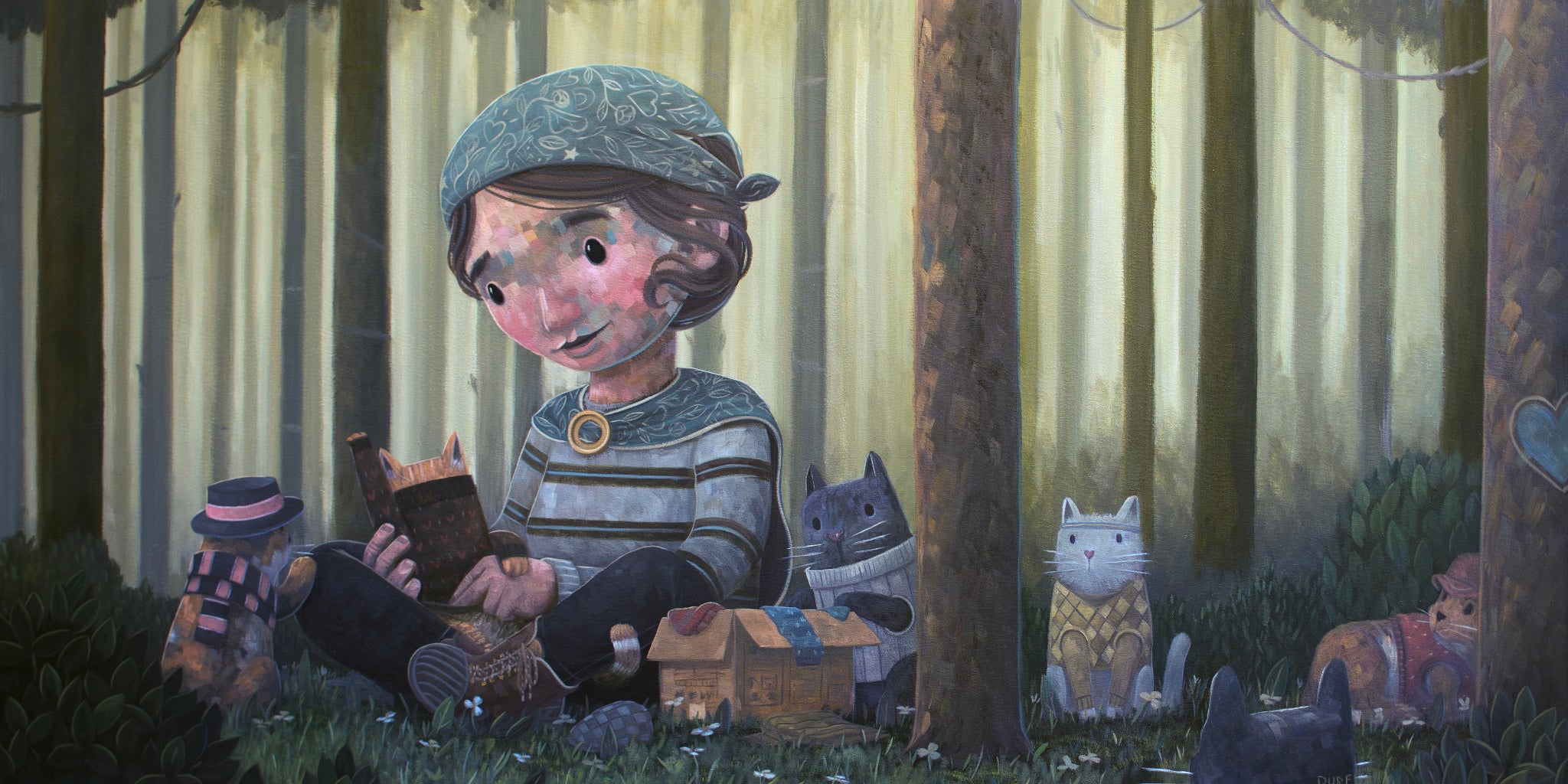 Illustration of a child reading a book in a forest with animals around