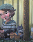 Illustration of a child reading a book in a forest with animals around