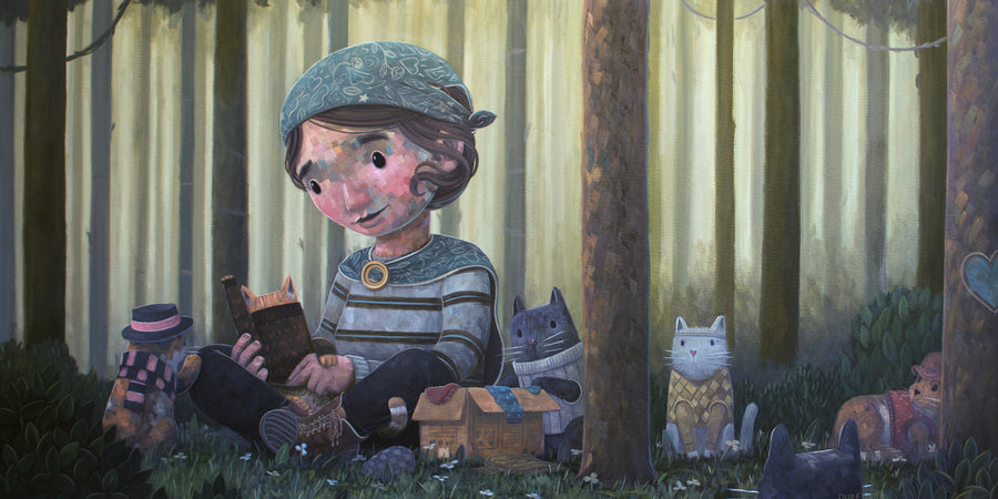 Illustration of a child reading a book in a forest with animals around