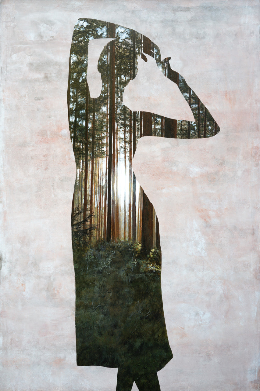 Sunlit Dance, painting of dancing silhouette in a sunny forest by Megan Aline