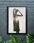 Sunlit Dance, painting of dancing silhouette in a sunny forest by Megan Aline, framed on wall