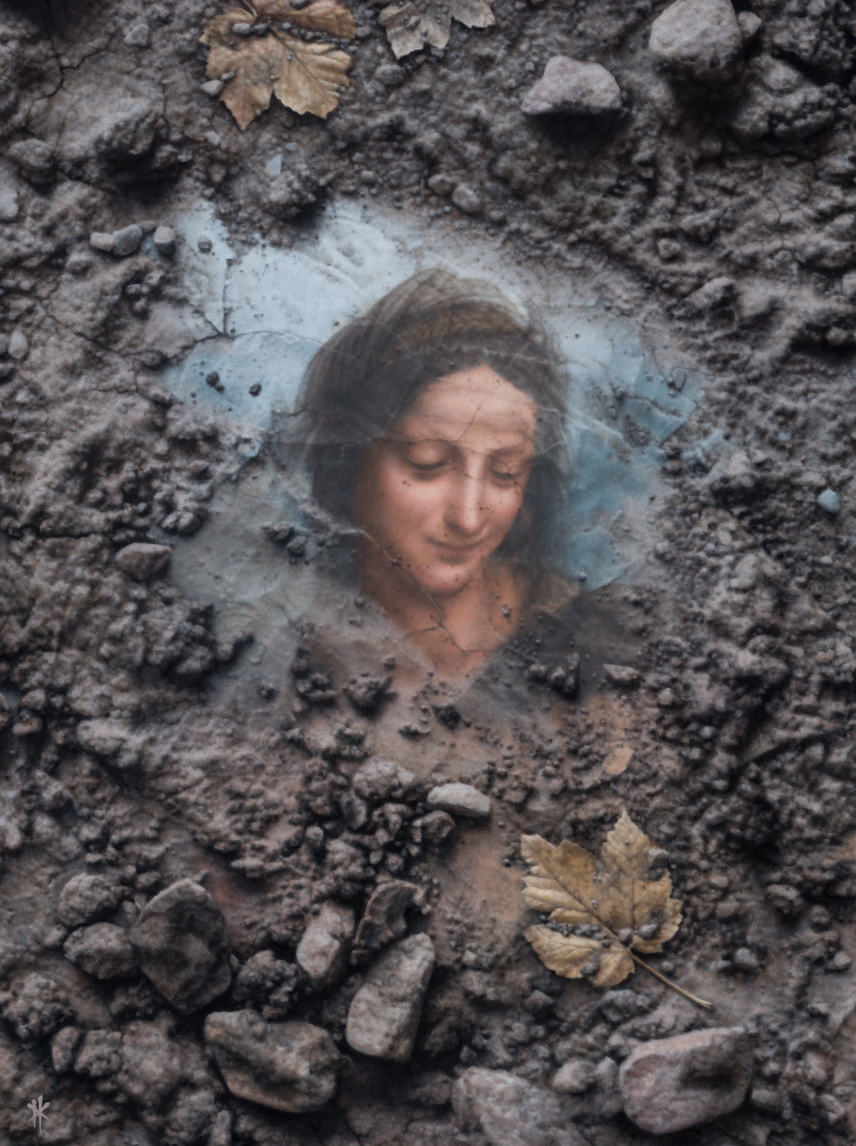 reflection of a woman in a puddle painting