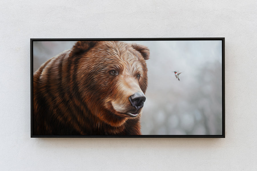 Hummingbear by Robert Lange, Bear and Hummingbird Painting, framed