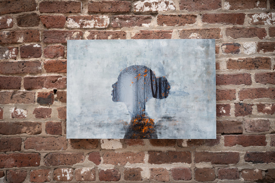 Nature Whispers, painting with whispering woman by Megan Aline, on brick wall