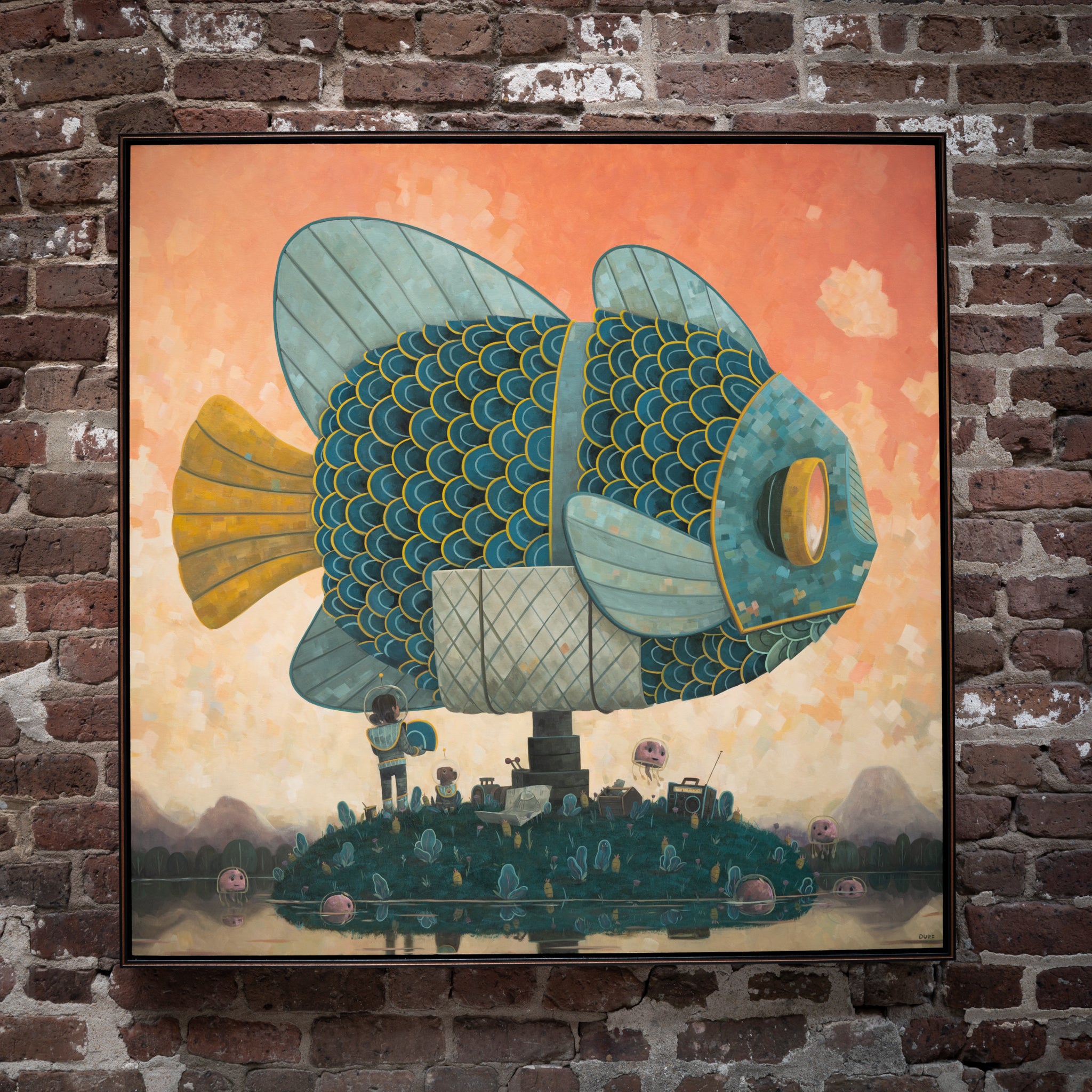 Sprucing Up the Sunfish by Nathan Durfee, painting with sunfish spaceship, framed on wall