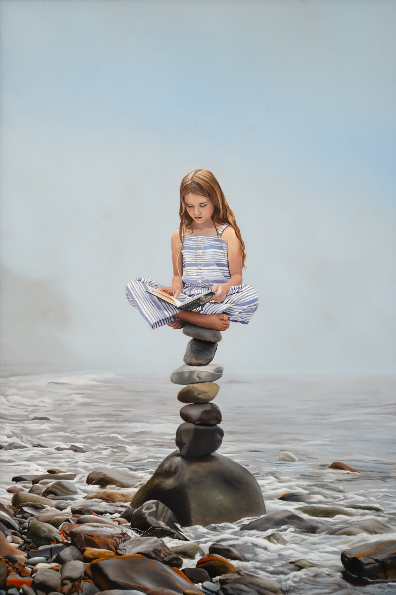Well Balanced by Robert Lange, painting with girl on balancing rocks