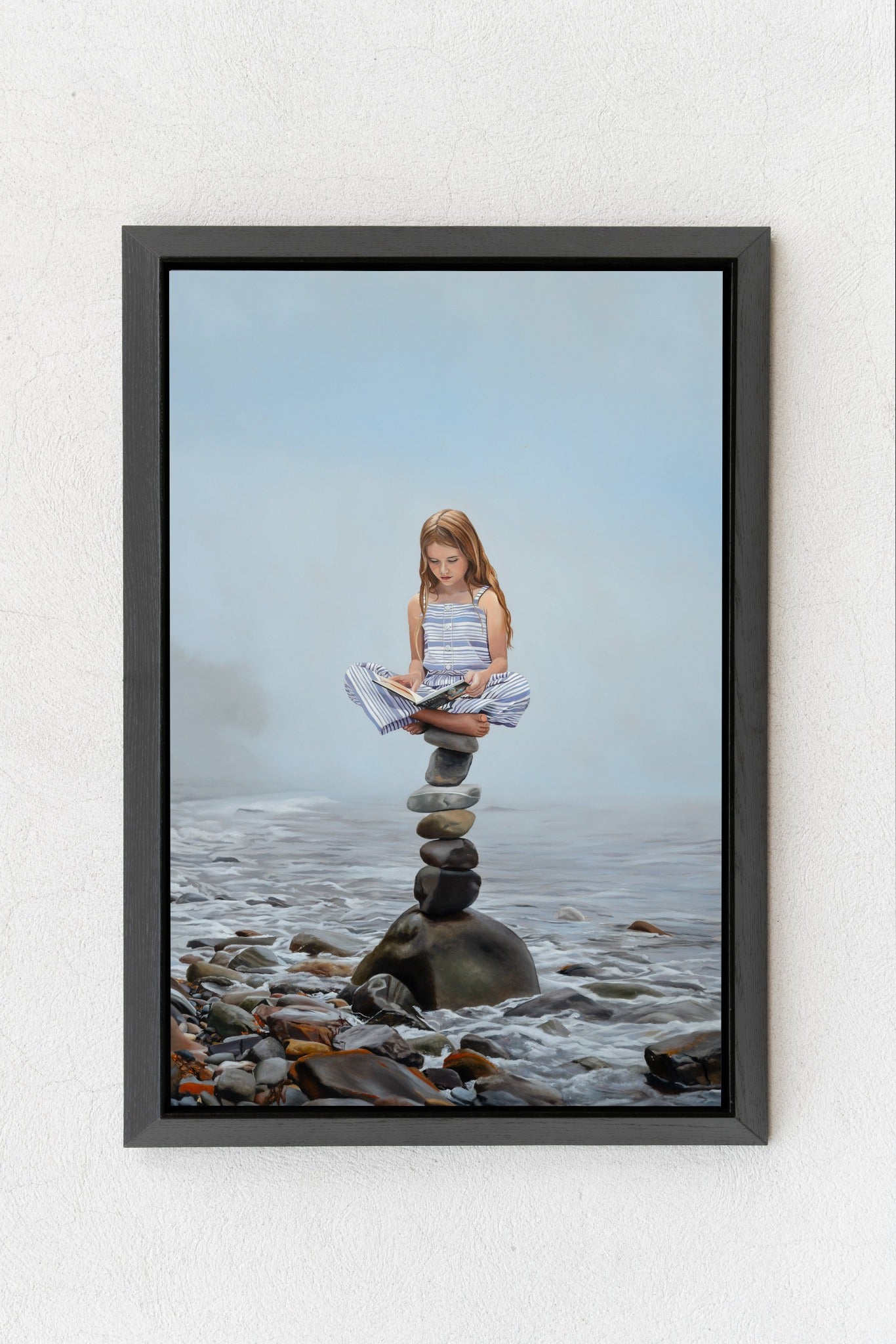 Well Balanced, balancing rocks painting by Robert Lange, framed